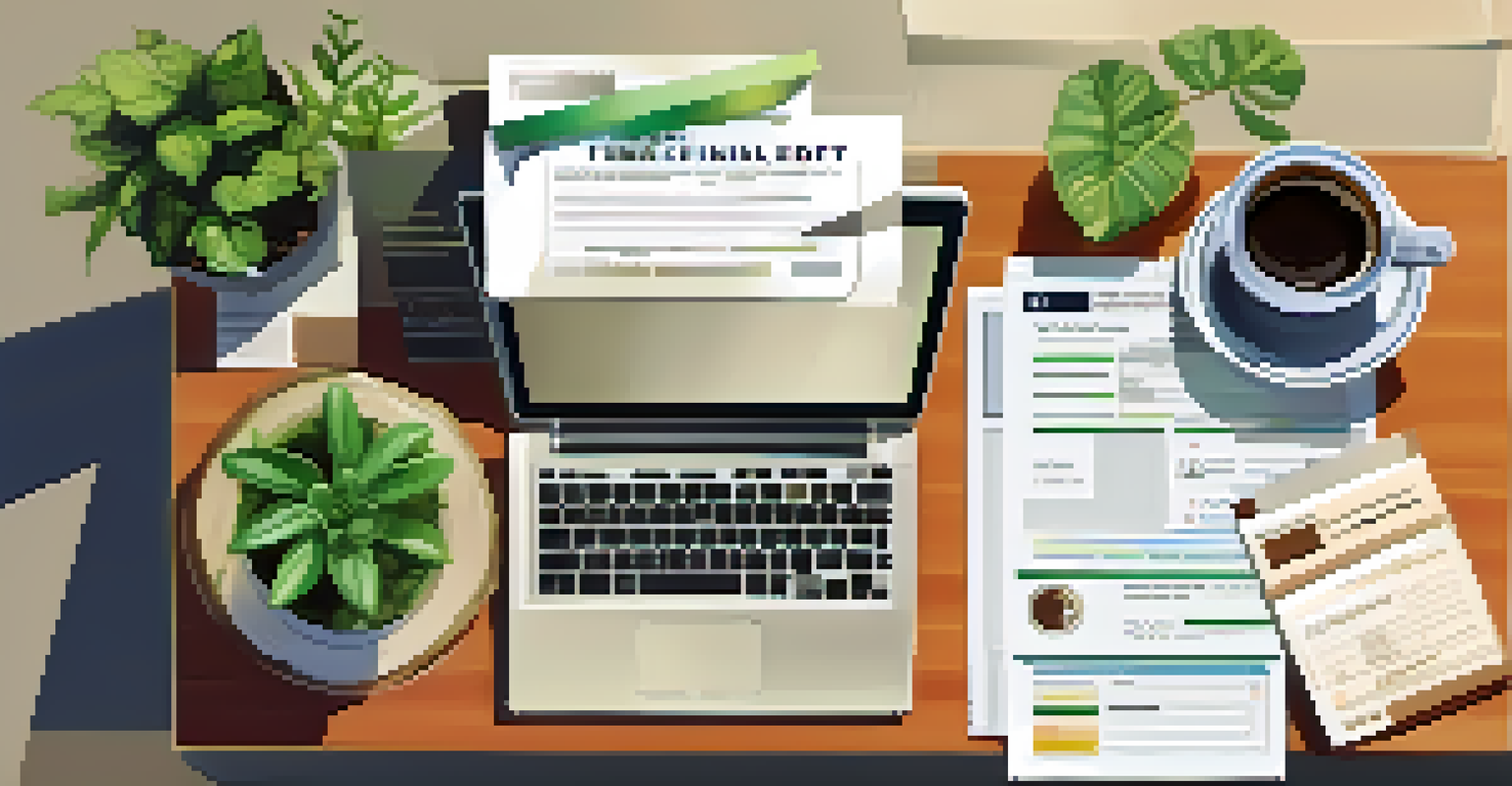 An organized desk with financial documents, a laptop showing a credit report, and a cup of coffee under warm light.