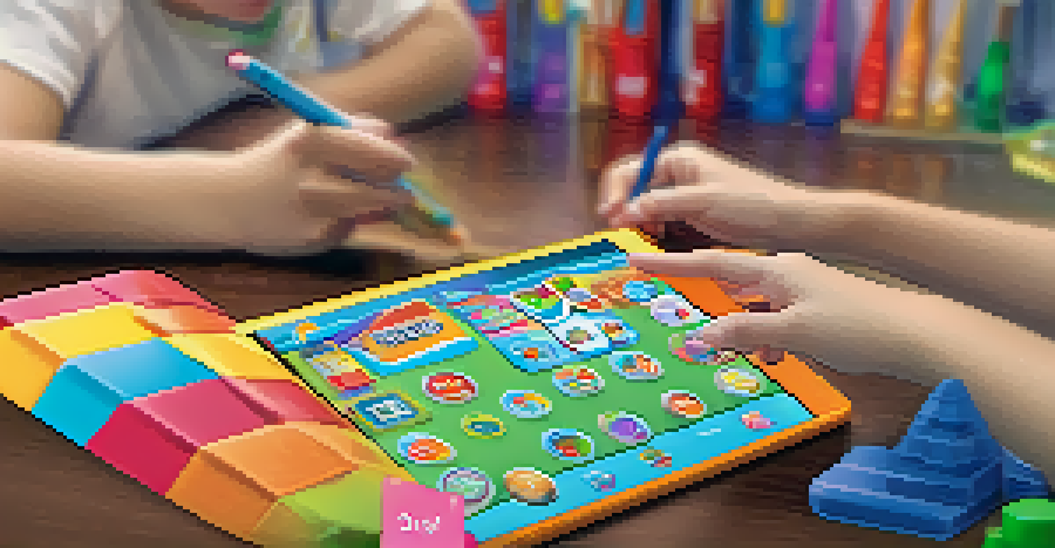 A student's hands interacting with a tablet displaying an educational game with colorful rewards.