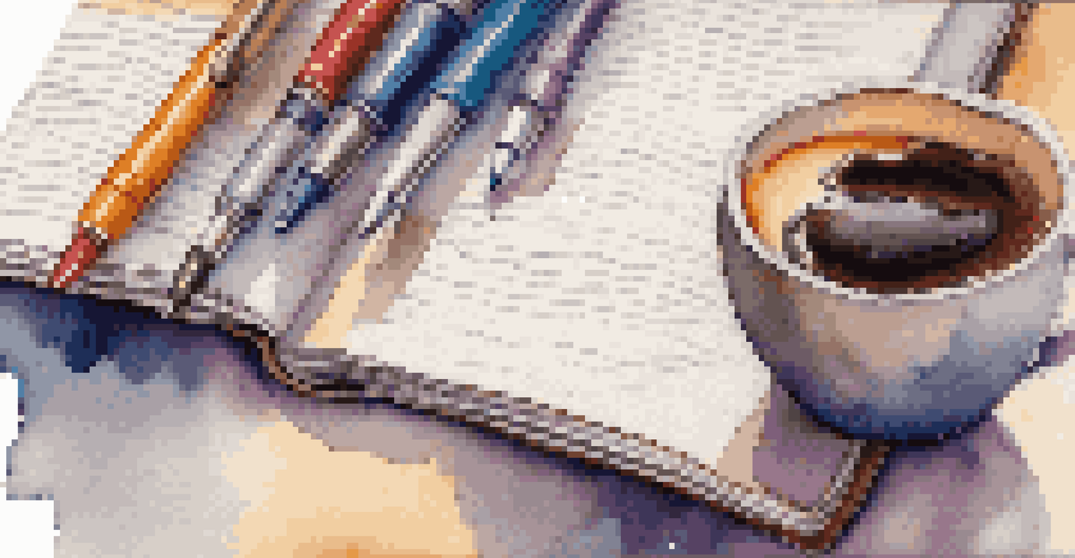 A close-up view of a hand writing in a journal with colorful pens and a coffee cup, in front of a blurred bookshelf.