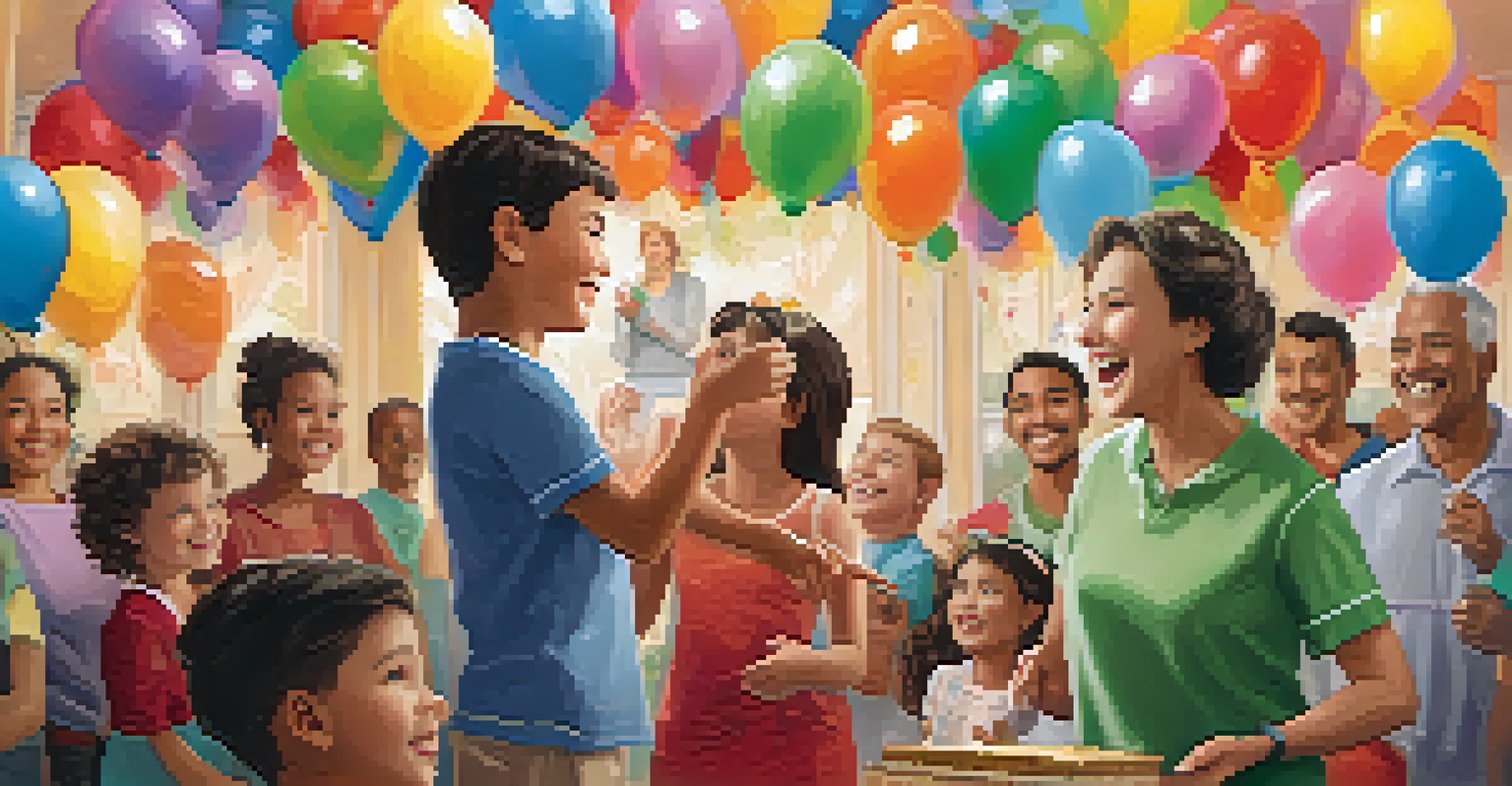 A child celebrating completion of their artwork with proud parents in a festive setting.