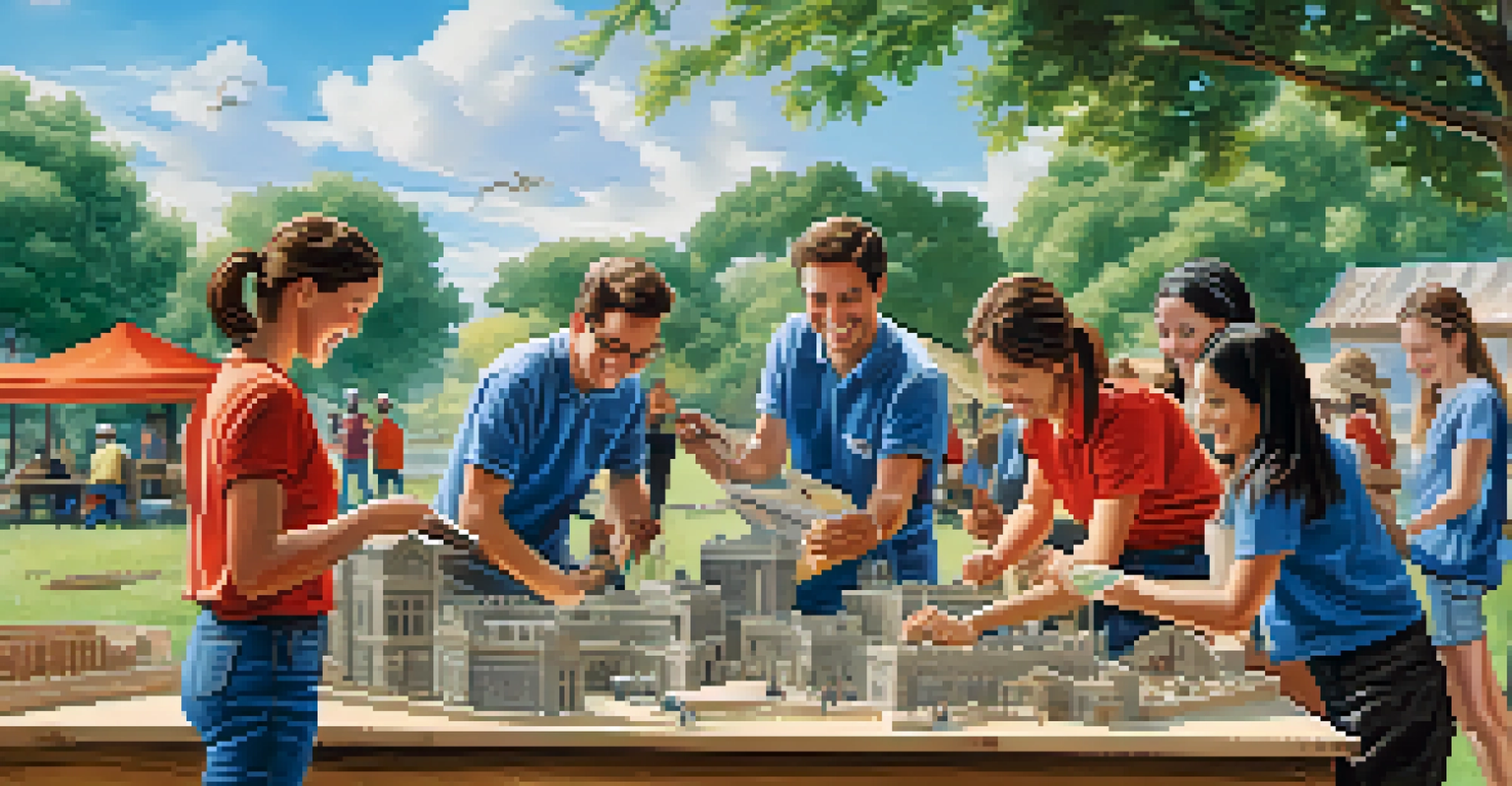 Participants engaging in an outdoor team-building activity, collaborating on a hands-on project with materials, under a blue sky.