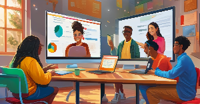 A diverse group of students participating in a virtual classroom, engaging with each other through a video conference.