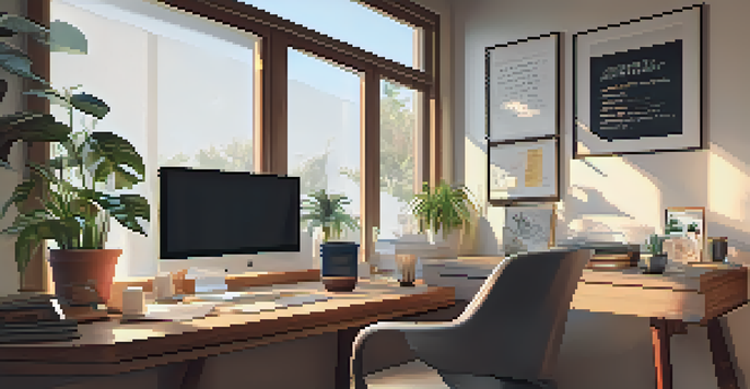 A warm and inviting home office with a laptop, coffee, and plants, illuminated by natural light.