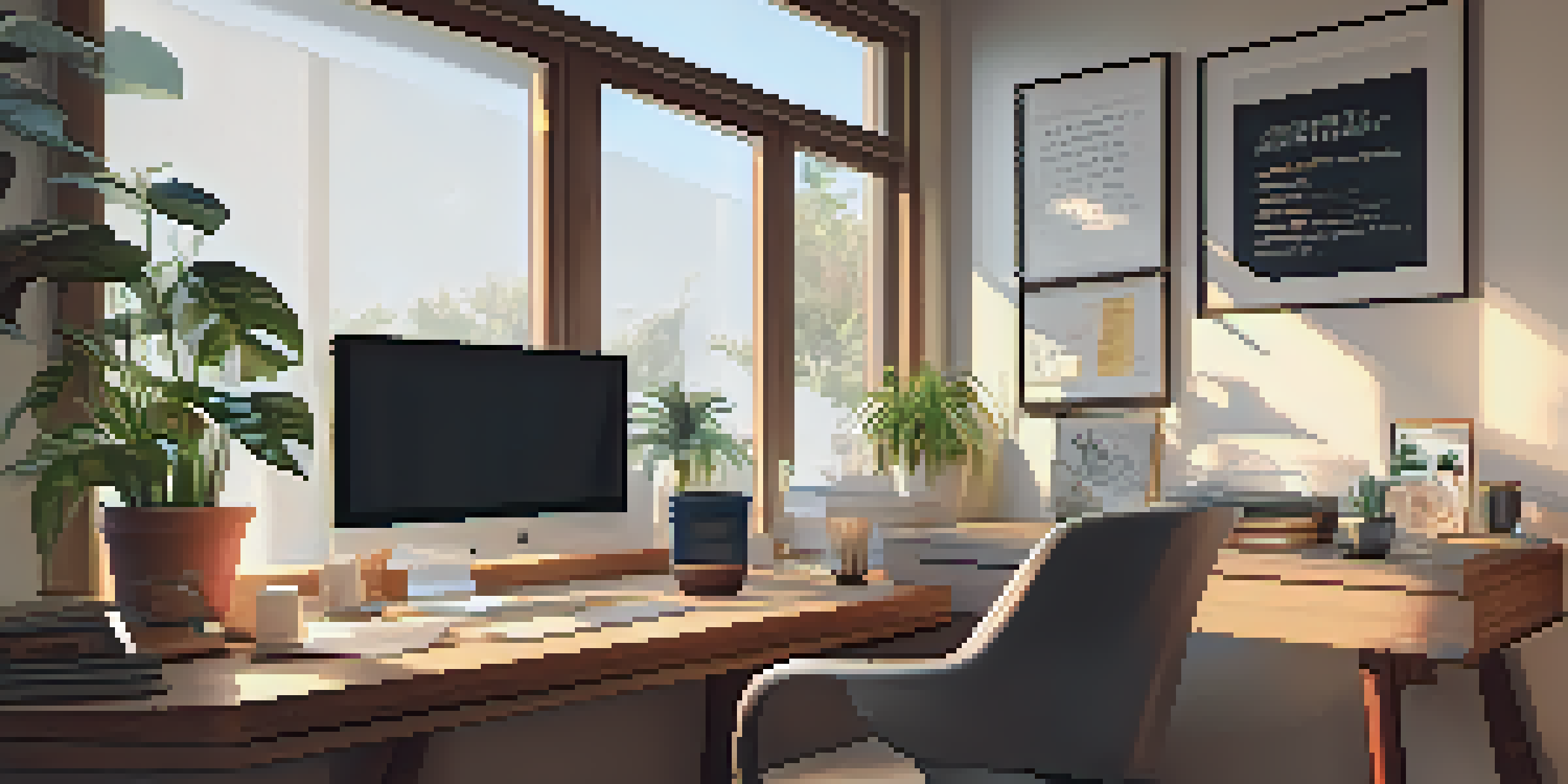 A warm and inviting home office with a laptop, coffee, and plants, illuminated by natural light.