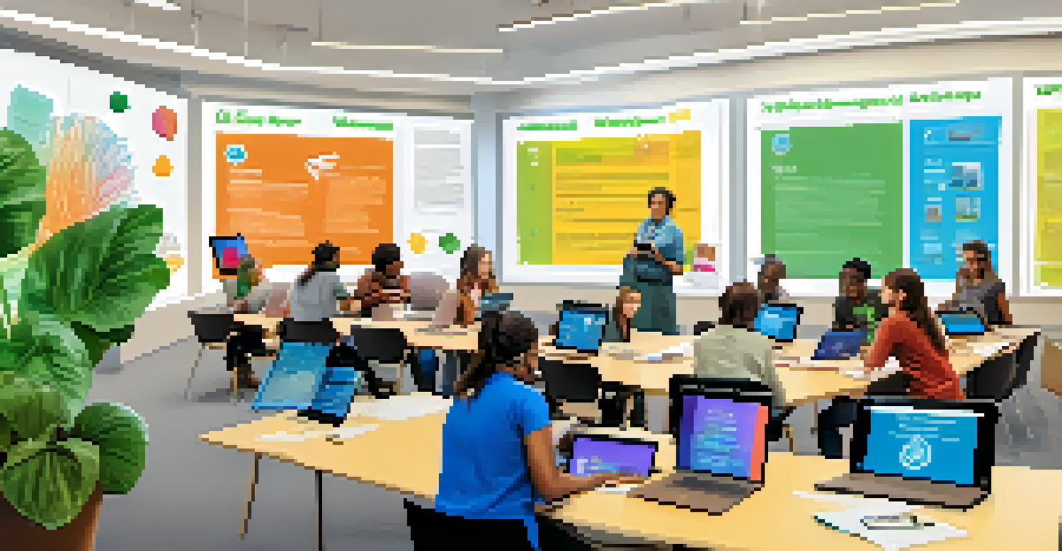 Participants in a digital literacy workshop at a library, learning together with laptops and a screen.