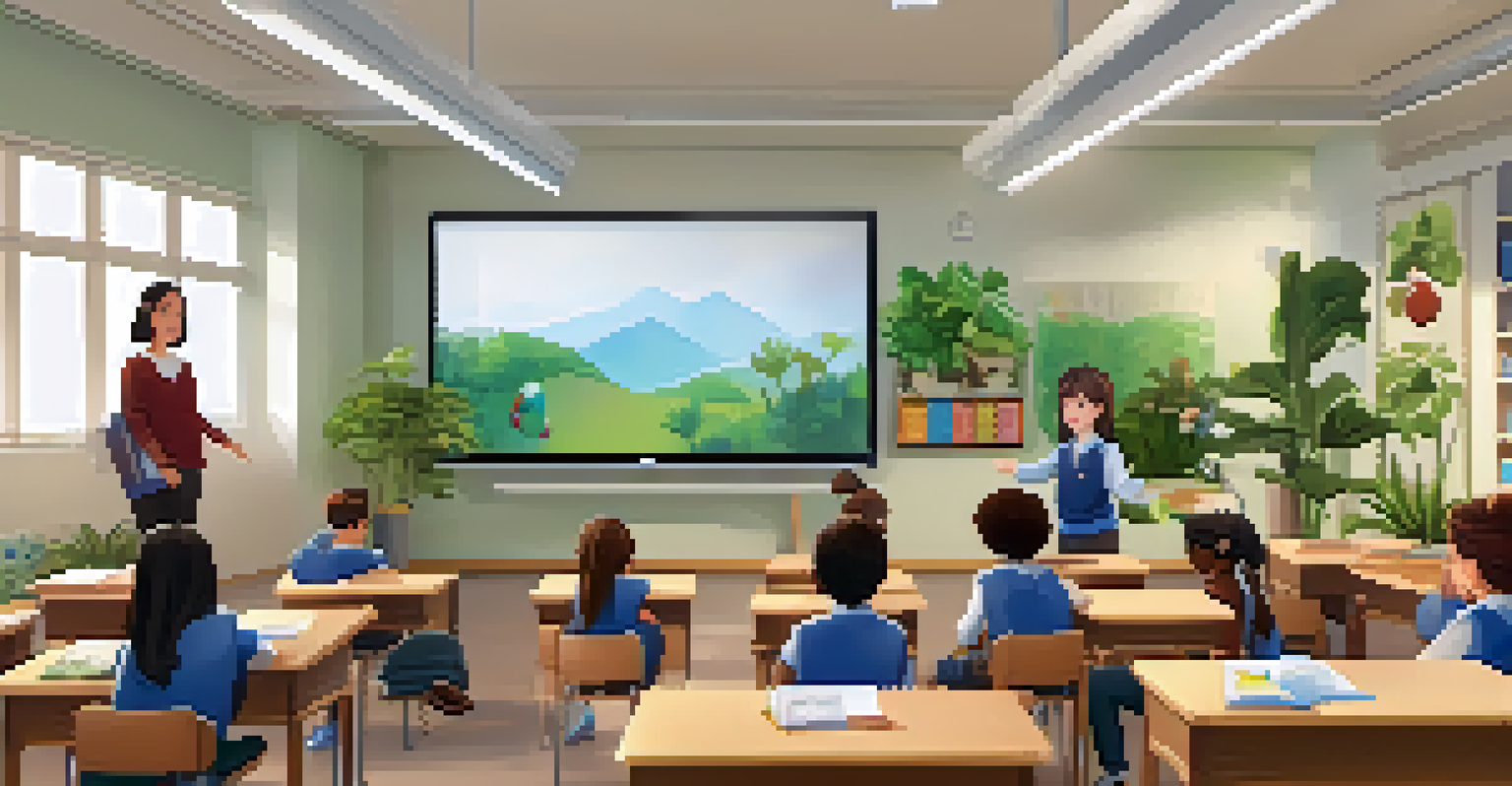 A classroom where a teacher uses an adaptive learning platform, with diverse students engaged with tablets.