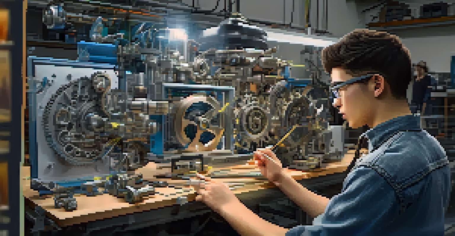 An engineering student visualizes 3D machinery with AR software in a well-equipped workshop filled with tools.
