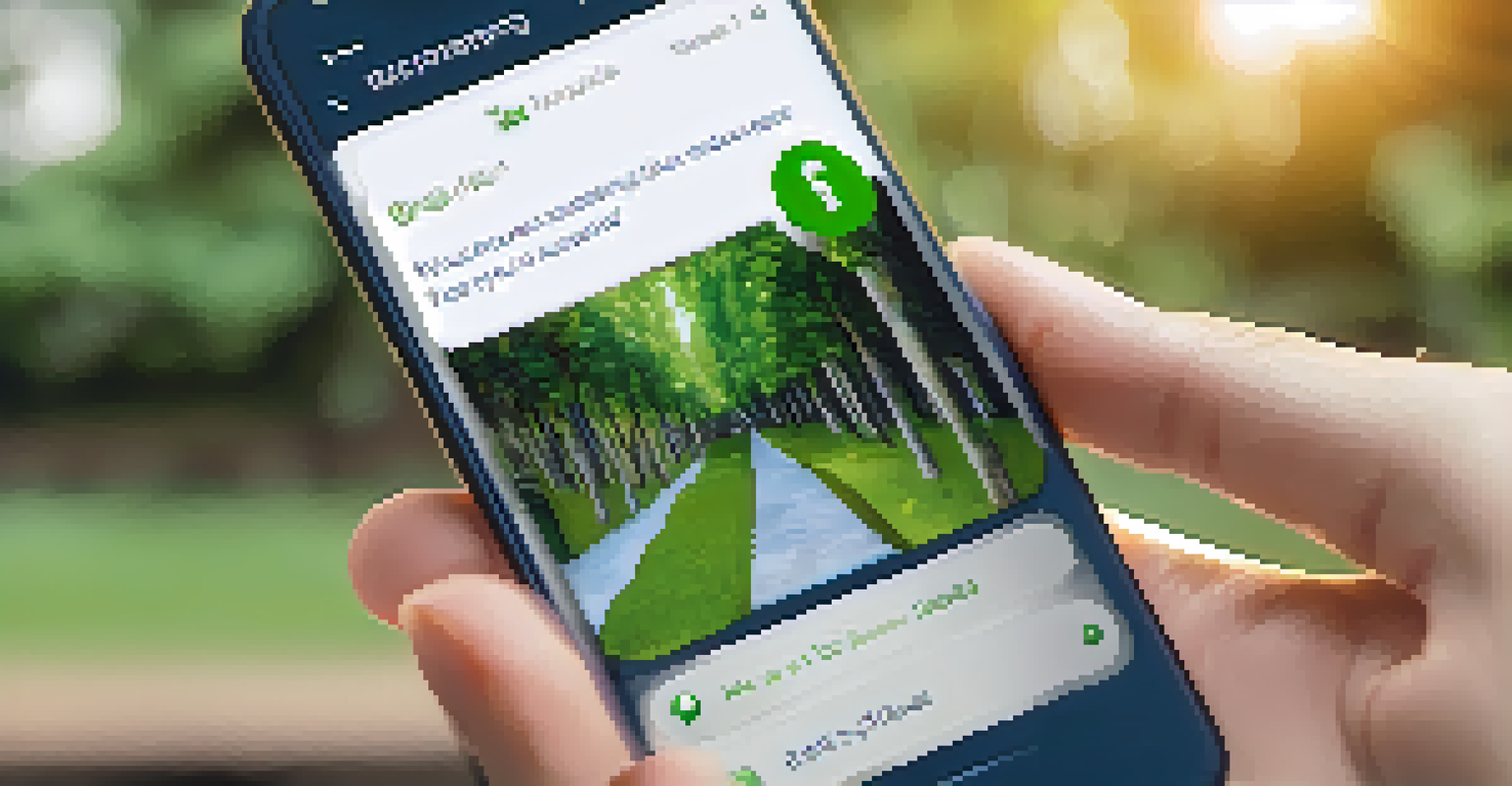 A close-up view of a smartphone in a person's hand showing an interactive quiz on microlearning, with a blurred outdoor background filled with greenery and sunlight.
