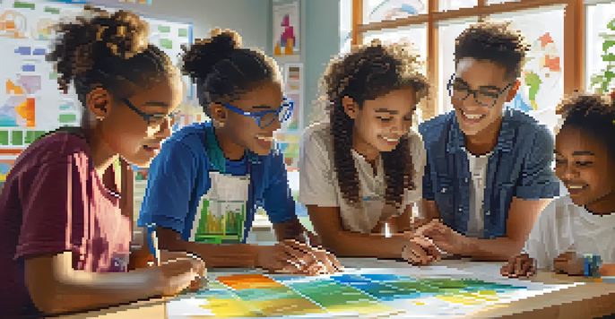 A diverse group of students working together on a science project in a bright classroom filled with educational materials and sunlight.