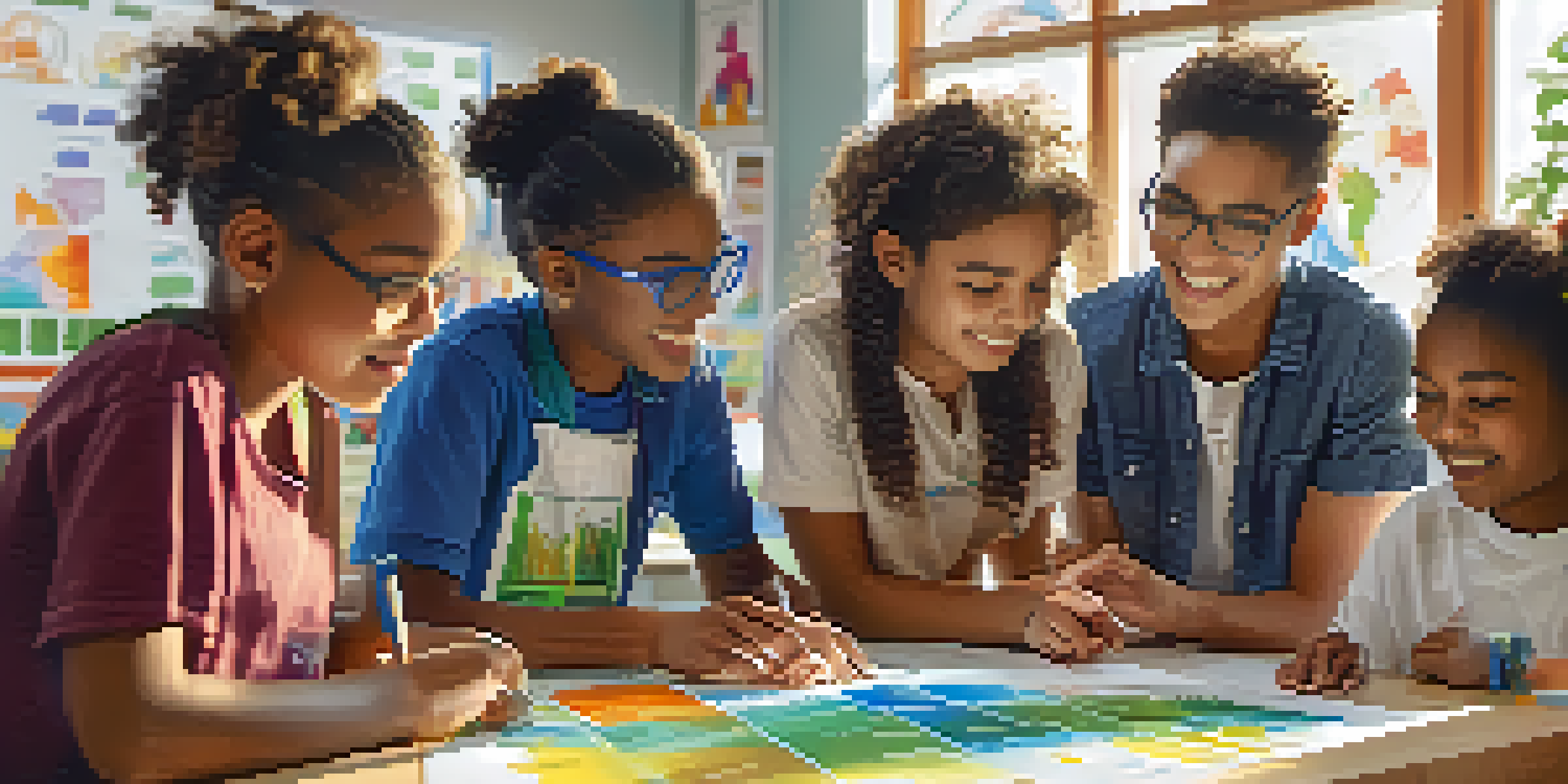 A diverse group of students working together on a science project in a bright classroom filled with educational materials and sunlight.