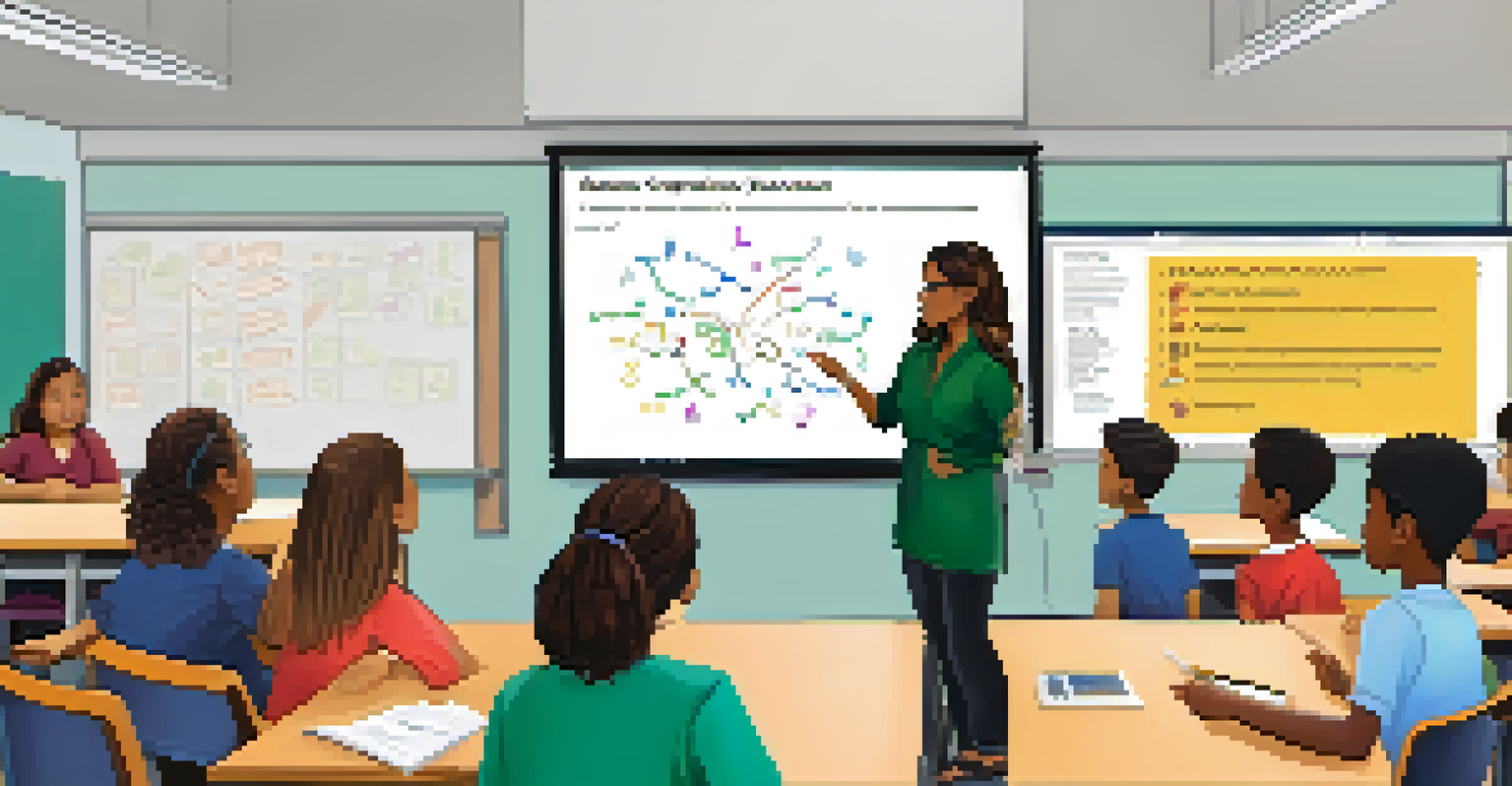 An educator facilitating a group of students interacting with a smart board displaying adaptive assessment questions in a collaborative learning environment.