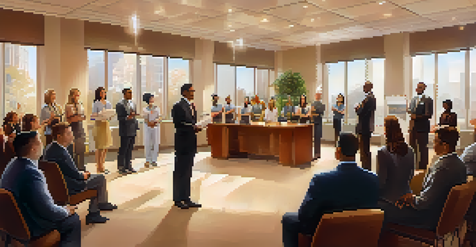 A diverse group of employees in an office celebrating an award ceremony with a leader presenting an award to an employee, surrounded by applauding colleagues.
