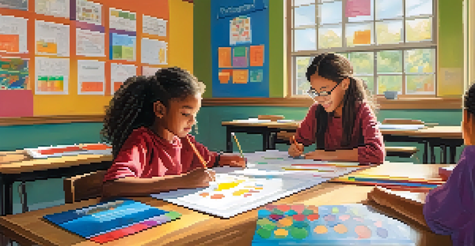 A diverse group of students in a bright classroom engaged in personalized learning, with one student integrating art into math studies.