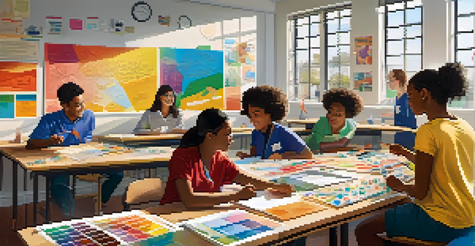 A diverse group of students collaborating on an interdisciplinary project in a bright classroom, showcasing teamwork and creativity.