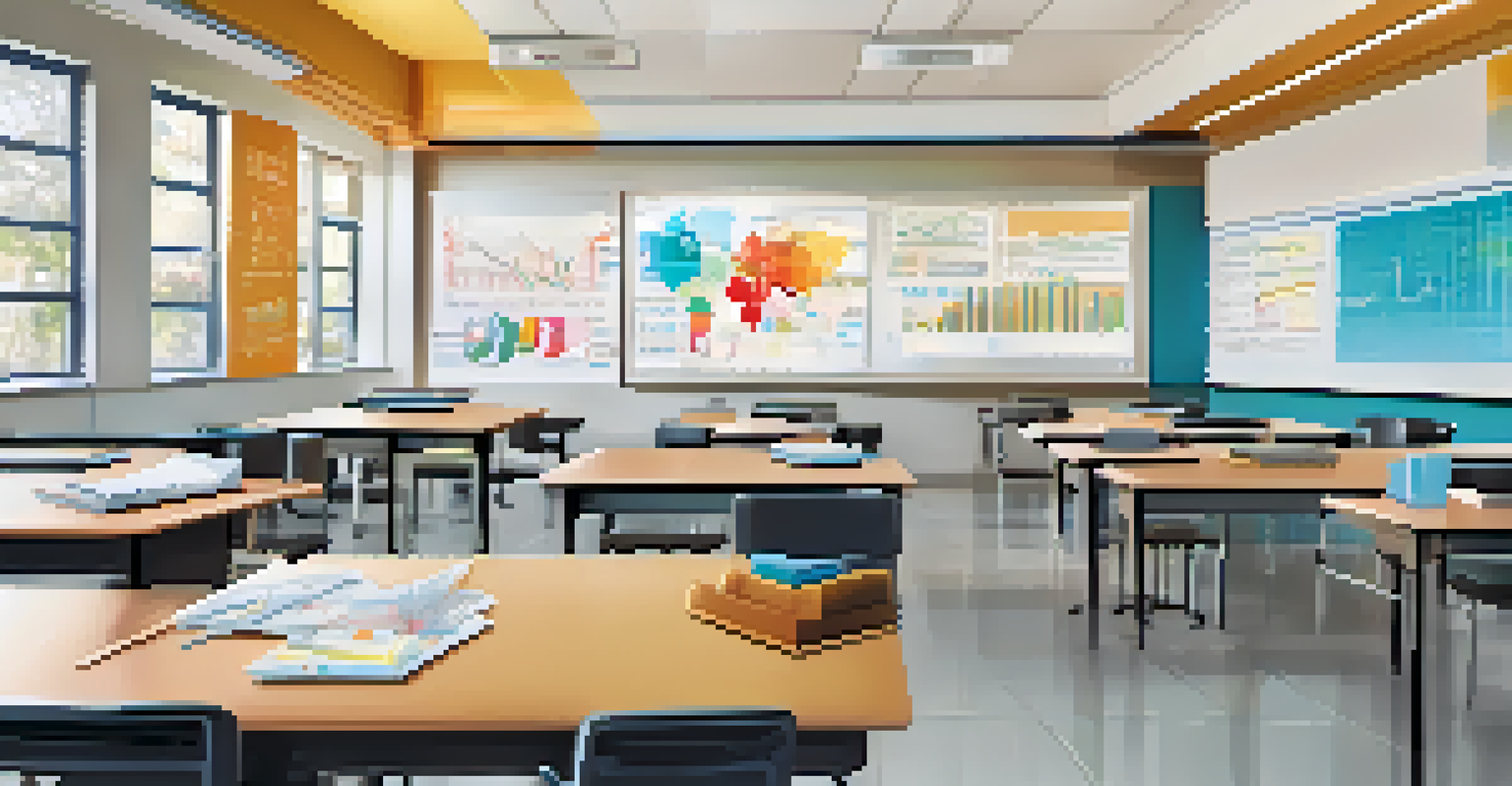 An abstract digital representation of educational data analytics, featuring colorful graphs and charts against a classroom backdrop.