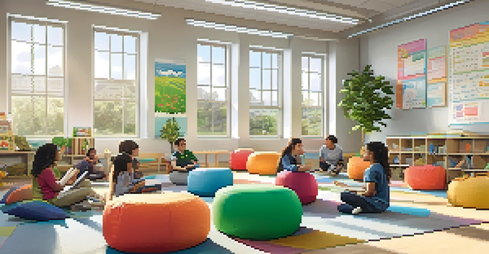 A vibrant classroom with students from diverse backgrounds engaging in group discussions while seated on colorful bean bags.