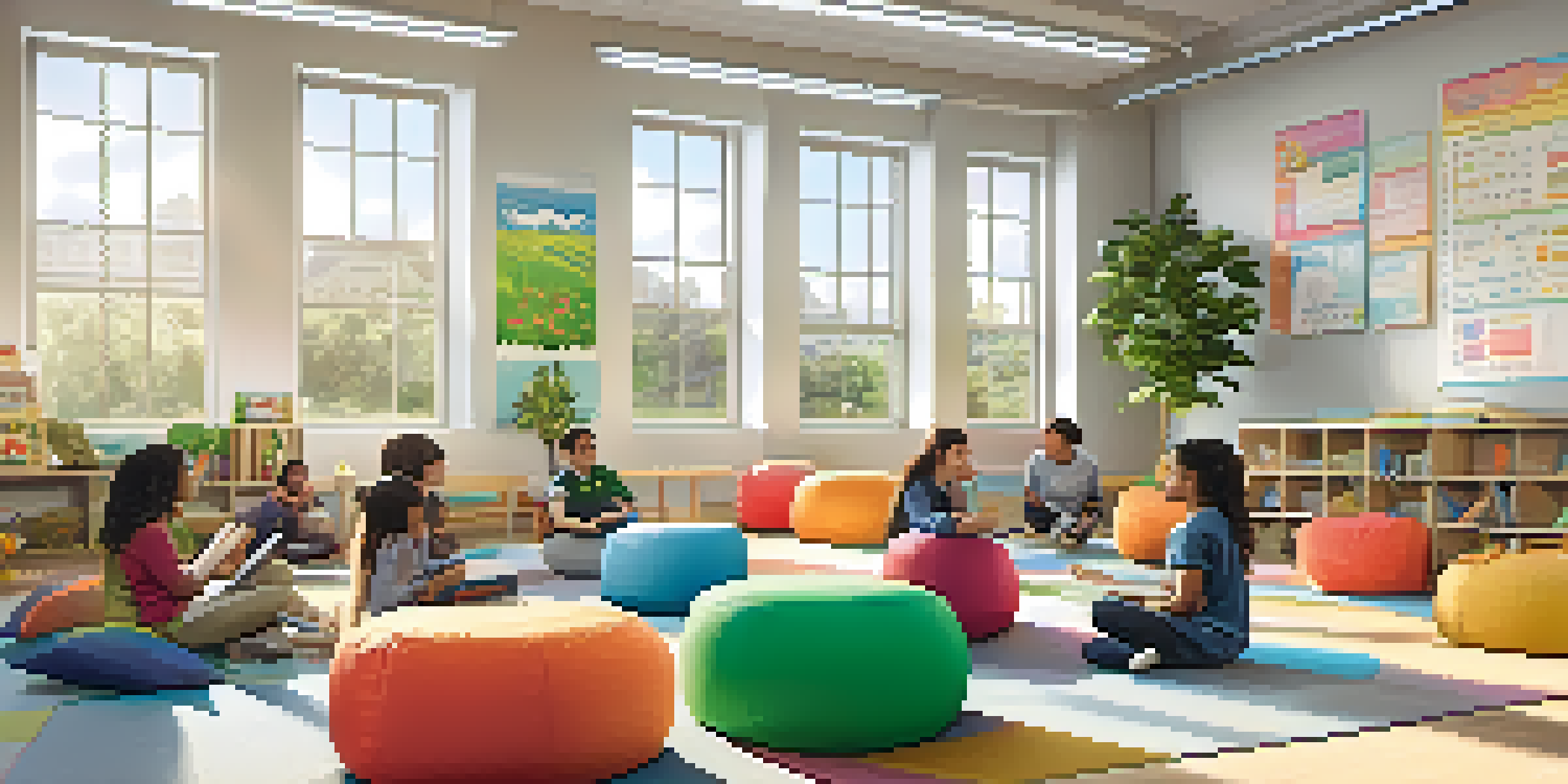 A vibrant classroom with students from diverse backgrounds engaging in group discussions while seated on colorful bean bags.