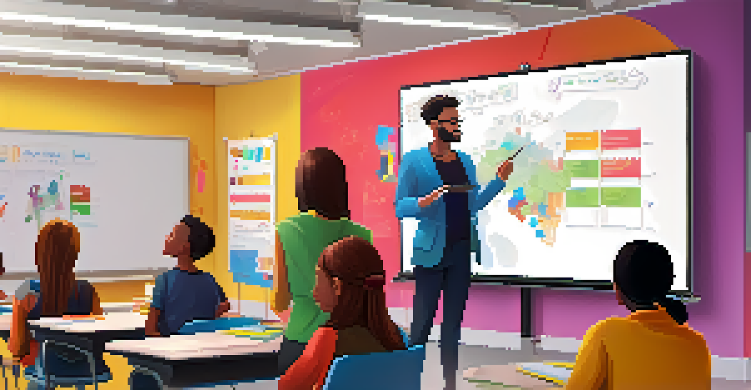 An educator teaching in a modern classroom with a digital whiteboard and students using laptops.