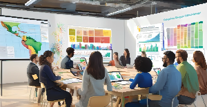 A diverse group of professionals collaborating in a bright room, focused on a large screen with colorful data displays.
