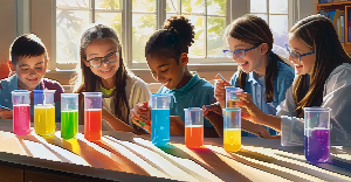 A classroom filled with students actively engaged in a science experiment, with colorful liquids in beakers and sunlight pouring in.