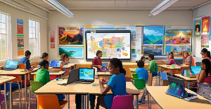 A diverse group of students working together in a colorful classroom on digital storytelling projects, with laptops and vibrant posters around them.