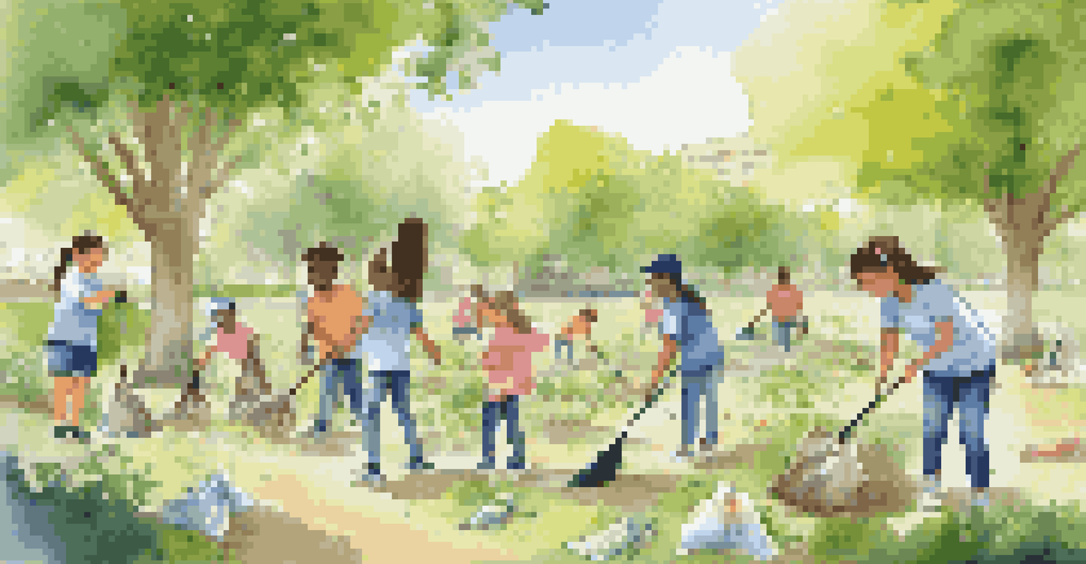 Students participating in a community clean-up event in a sunny park, wearing matching T-shirts and collecting litter.