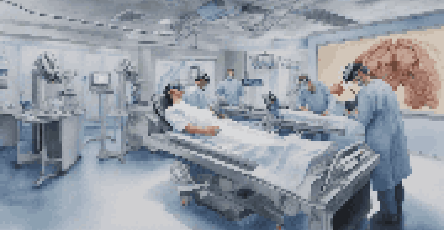 A learner in a VR environment practicing surgical techniques on a 3D model with realistic graphics and medical instruments.