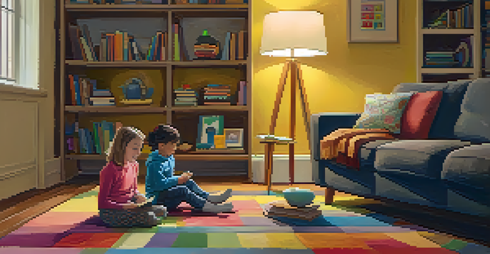 A parent and child engaged in a role-playing exercise in a warmly lit living room, surrounded by books and a colorful rug.