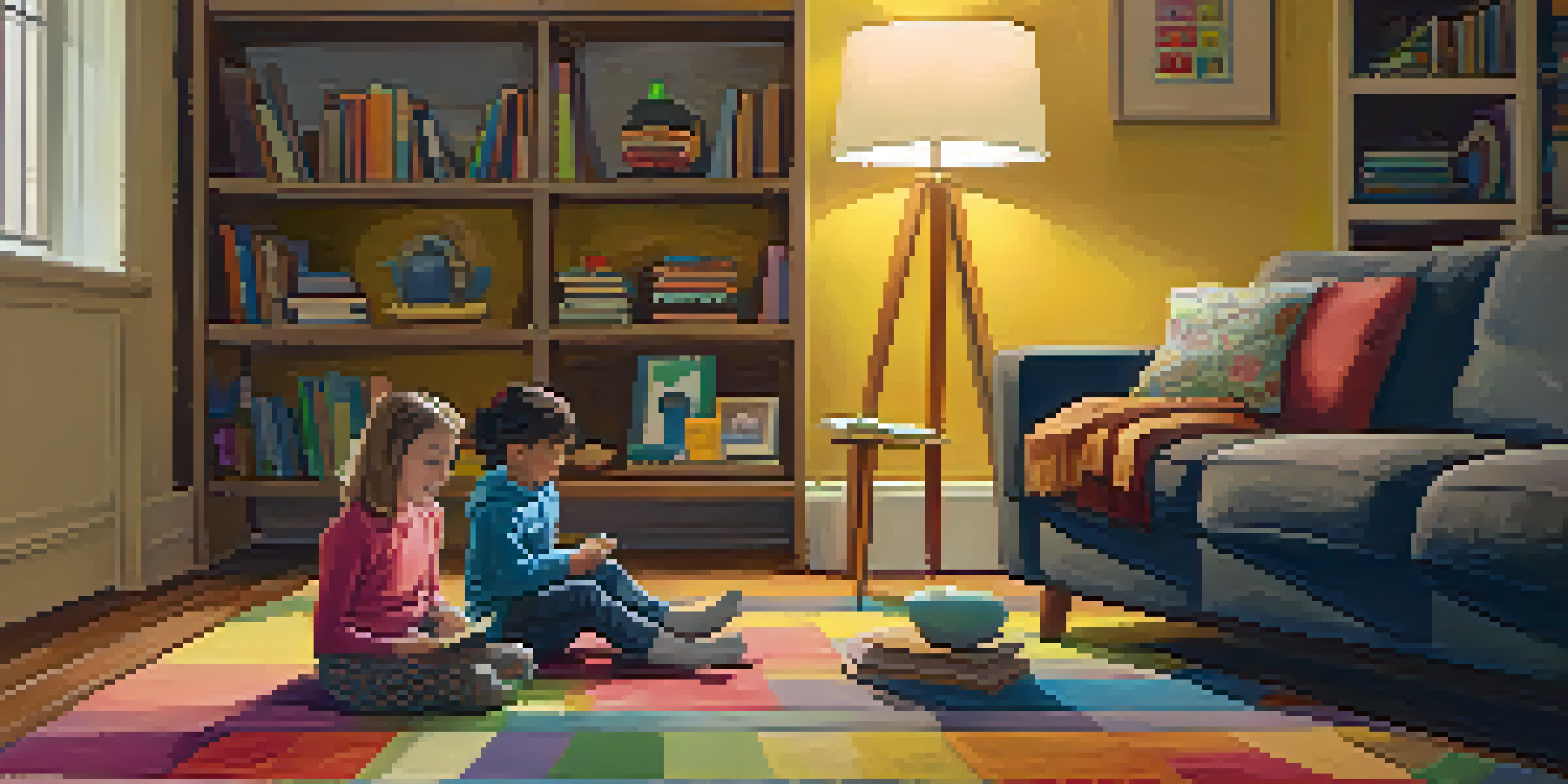 A parent and child engaged in a role-playing exercise in a warmly lit living room, surrounded by books and a colorful rug.
