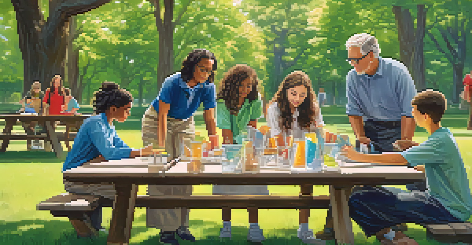 A mentor guiding a diverse group of students working on a science experiment outdoors, with beakers on a picnic table and a park setting in the background.