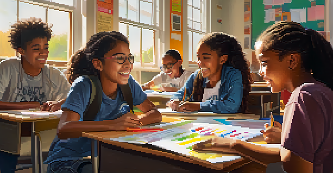 A classroom filled with diverse students working together on a project, surrounded by colorful decorations and sunlight pouring in through the windows.