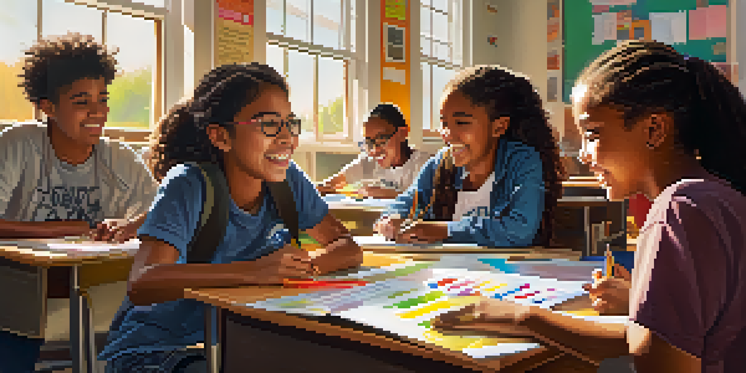 A classroom filled with diverse students working together on a project, surrounded by colorful decorations and sunlight pouring in through the windows.