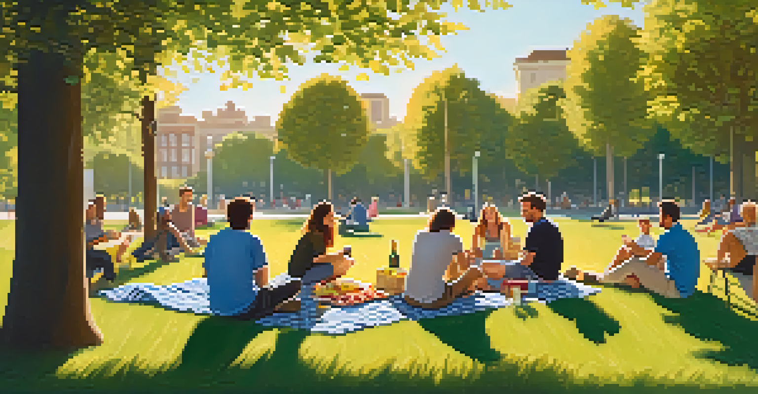 A casual outdoor meetup in a park with individuals sitting on picnic blankets, sharing ideas and enjoying snacks in a sunny setting.