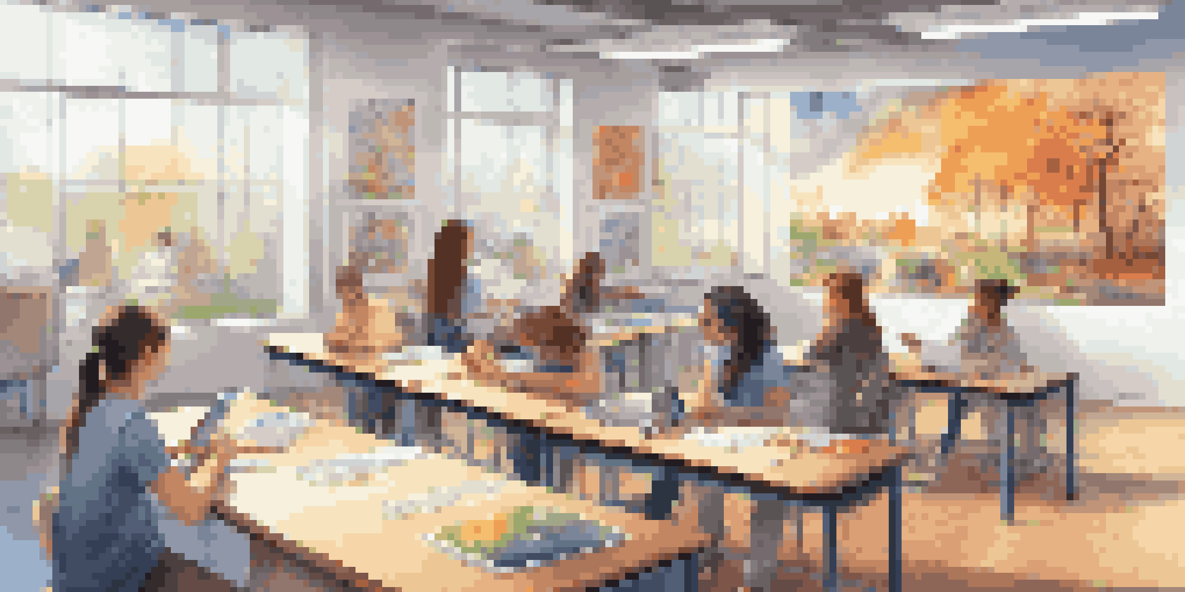 A modern classroom where students are engaged in collaborative learning using digital devices and discussing ideas.