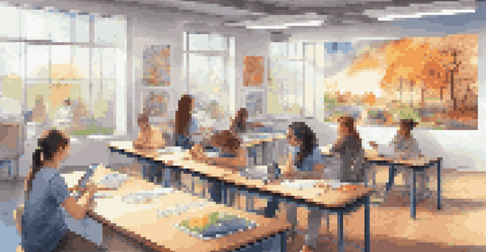 A modern classroom where students are engaged in collaborative learning using digital devices and discussing ideas.