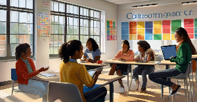 A diverse group of students in a classroom discussing around a digital tablet, with sunlight coming in through the windows.