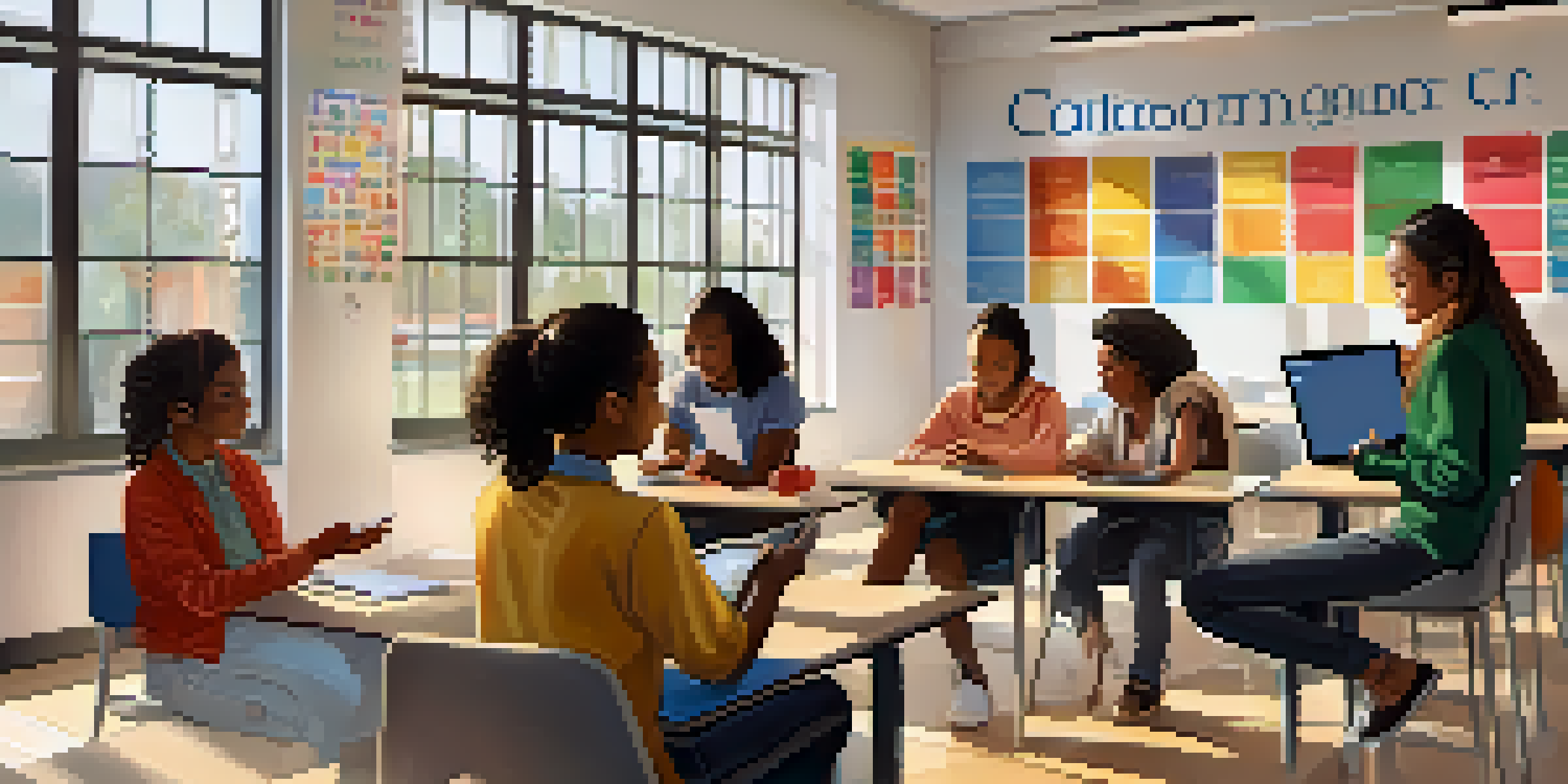 A diverse group of students in a classroom discussing around a digital tablet, with sunlight coming in through the windows.