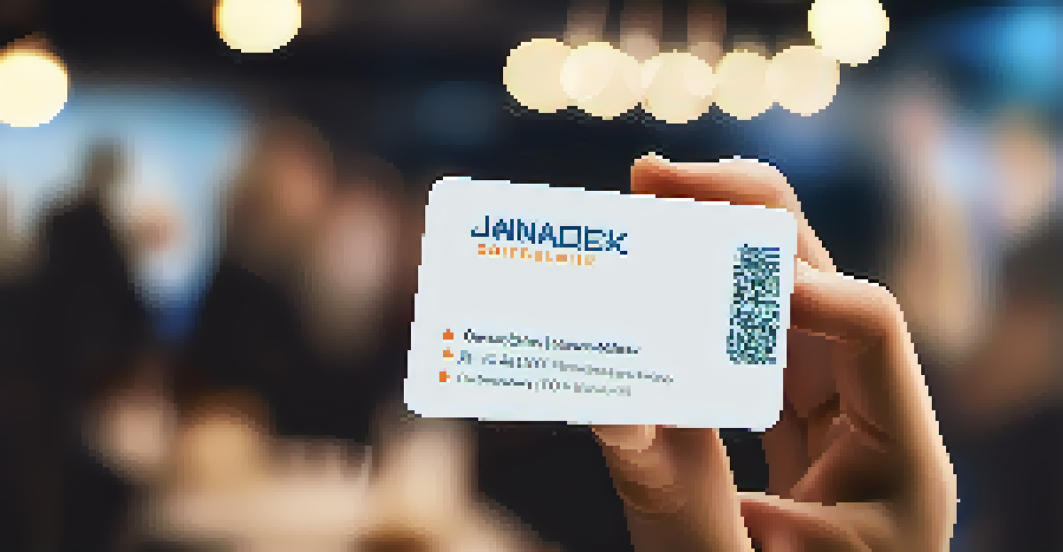 A close-up of a hand holding a business card, with a blurred background of a networking event, emphasizing the significance of personal connections.