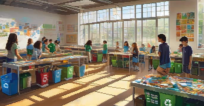 A lively classroom where students are sorting recyclable materials, promoting sustainability with colorful posters on the walls and sunlight streaming through the windows.
