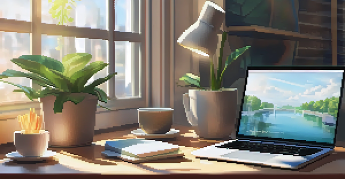 A peaceful office workspace featuring a desk with a laptop open on microlearning, a cup of coffee, and sunlight streaming through a window.