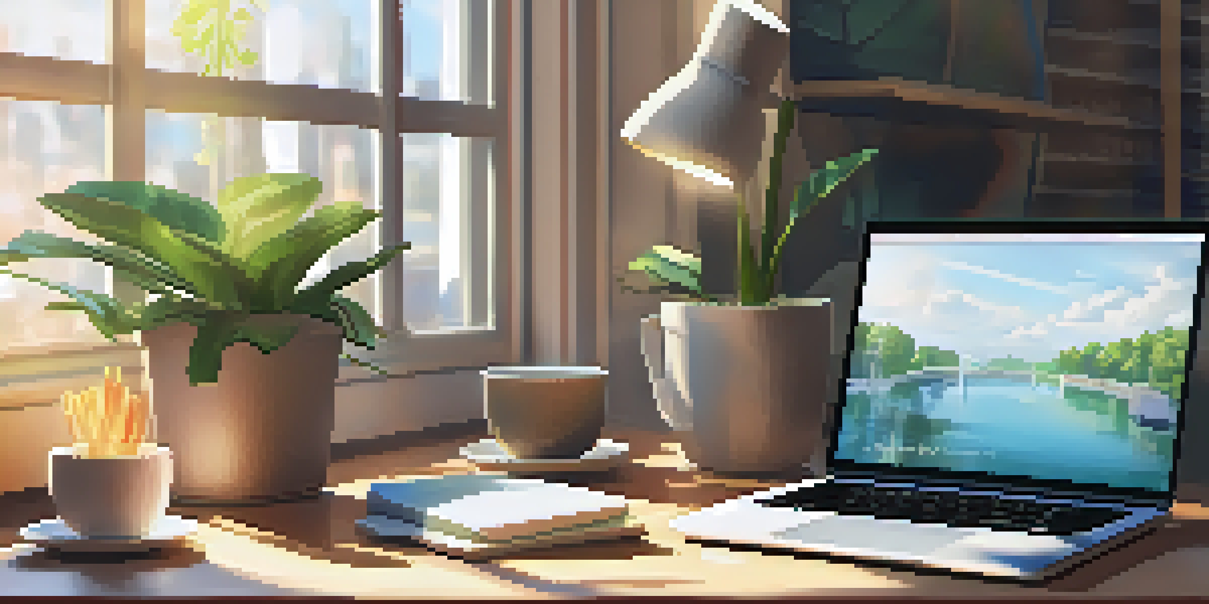 A peaceful office workspace featuring a desk with a laptop open on microlearning, a cup of coffee, and sunlight streaming through a window.