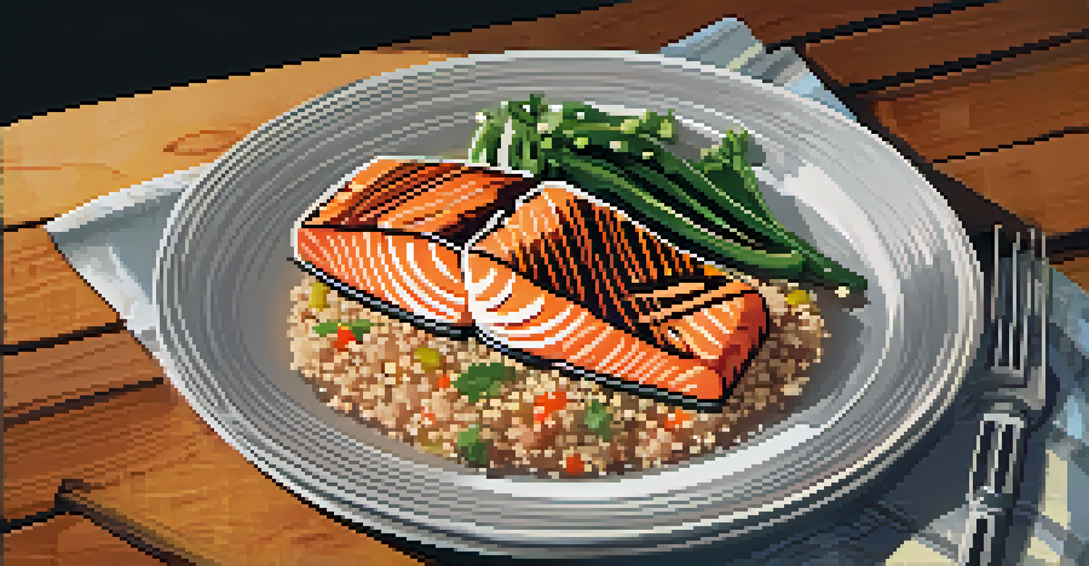 An overhead view of seared salmon on quinoa, garnished with vegetables, on a rustic table.