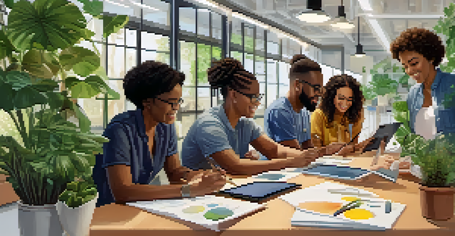 A diverse group of people in a bright learning space, one earning a badge on a tablet.