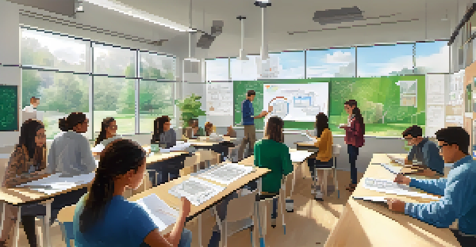 A diverse group of students working together in a brightly lit classroom, collaborating on sustainable energy projects with sketches and laptops.