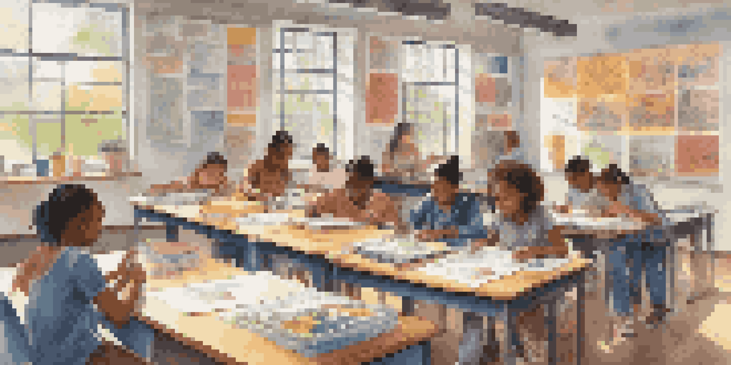 A lively classroom with diverse students collaborating on a project, surrounded by educational materials and natural light.