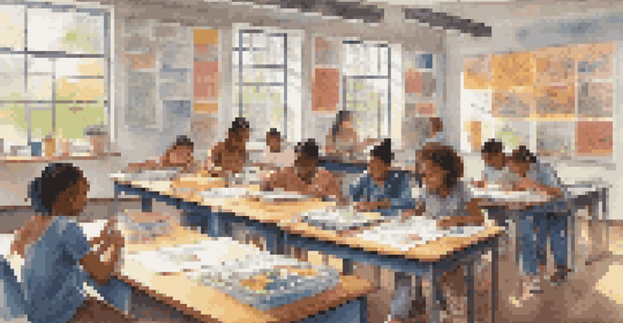 A lively classroom with diverse students collaborating on a project, surrounded by educational materials and natural light.