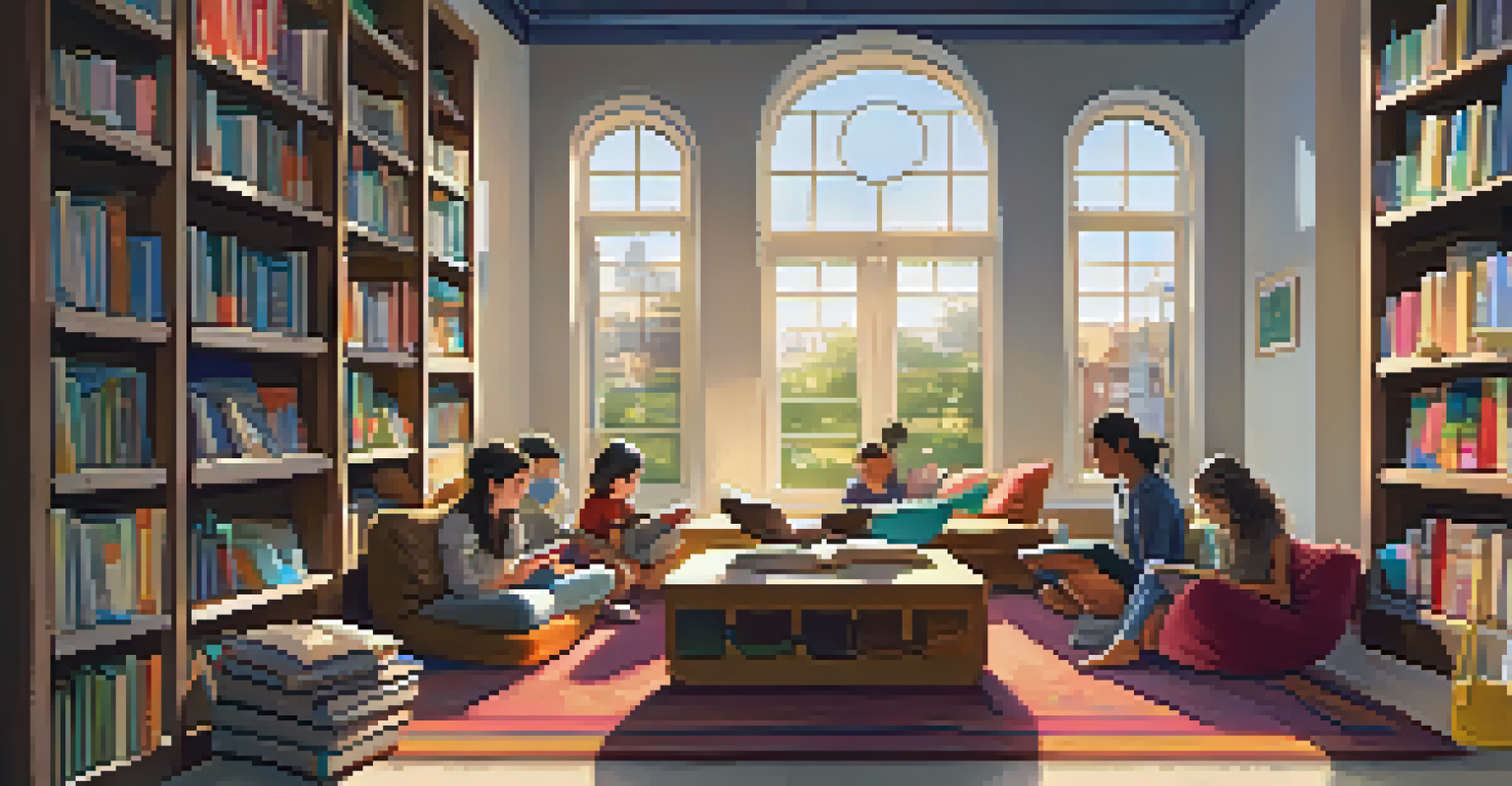 A cozy library reading corner with students of various ages reading books, surrounded by soft lighting and shelves of books.