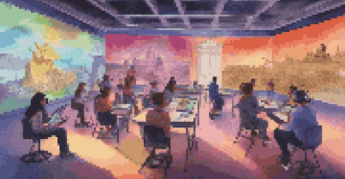 A virtual reality classroom with diverse students wearing headsets, collaborating on a 3D project with colorful ambient lighting.