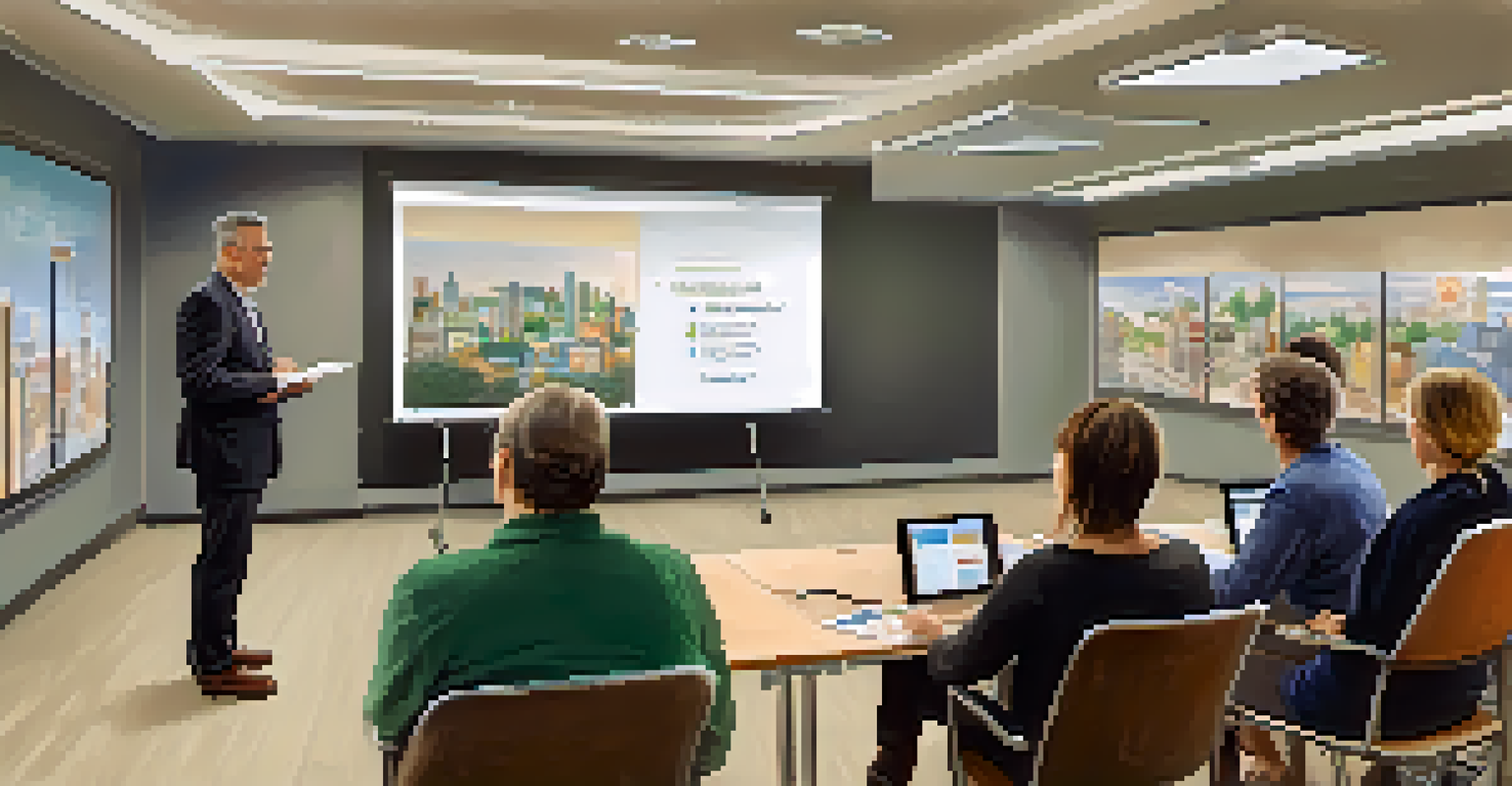 An instructor leading a workshop in a conference room, with a projector screen and engaged adult learners taking notes.