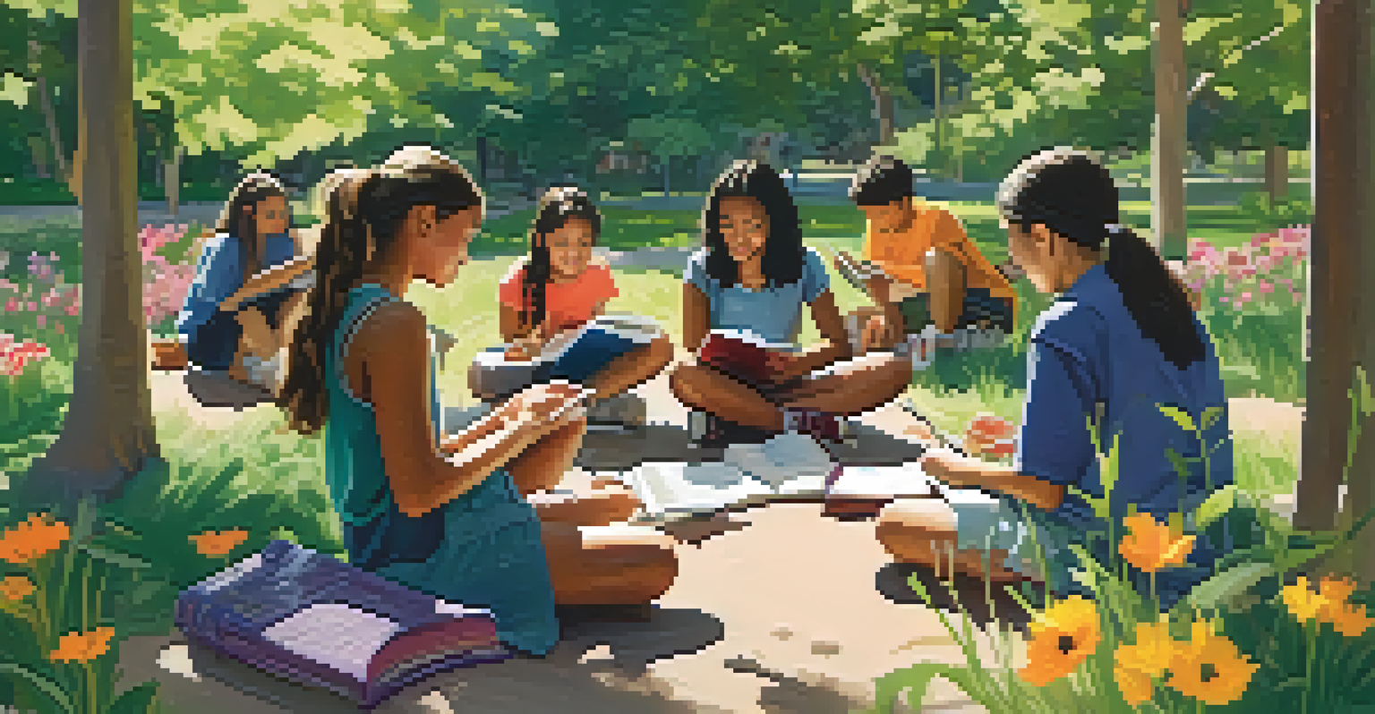 Diverse students in an outdoor classroom, drawing and journaling surrounded by nature.